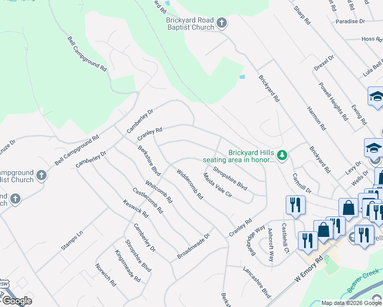 map of restaurants, bars, coffee shops, grocery stores, and more near 2721 Shropshire Boulevard in Powell