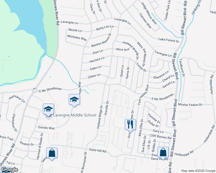 map of restaurants, bars, coffee shops, grocery stores, and more near 1404 East Nir Shreibman Boulevard in La Vergne