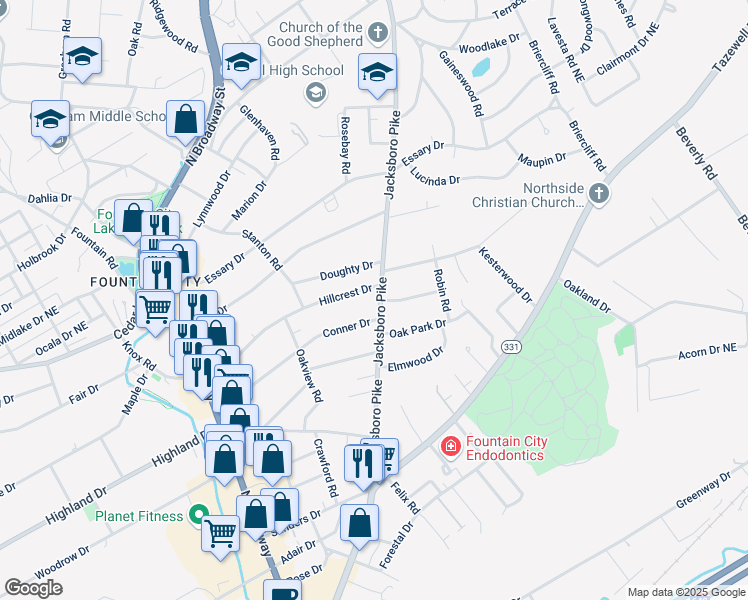 map of restaurants, bars, coffee shops, grocery stores, and more near 5109 Jacksboro Pike in Knoxville