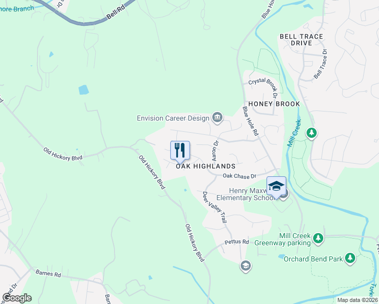 map of restaurants, bars, coffee shops, grocery stores, and more near 5532 Oak Chase Drive in Nashville