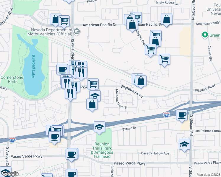map of restaurants, bars, coffee shops, grocery stores, and more near 91 Wigwam Parkway in Henderson