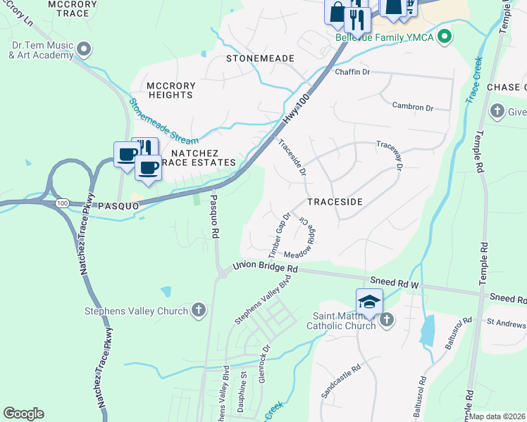 map of restaurants, bars, coffee shops, grocery stores, and more near 804 High Point Trace Court in Nashville
