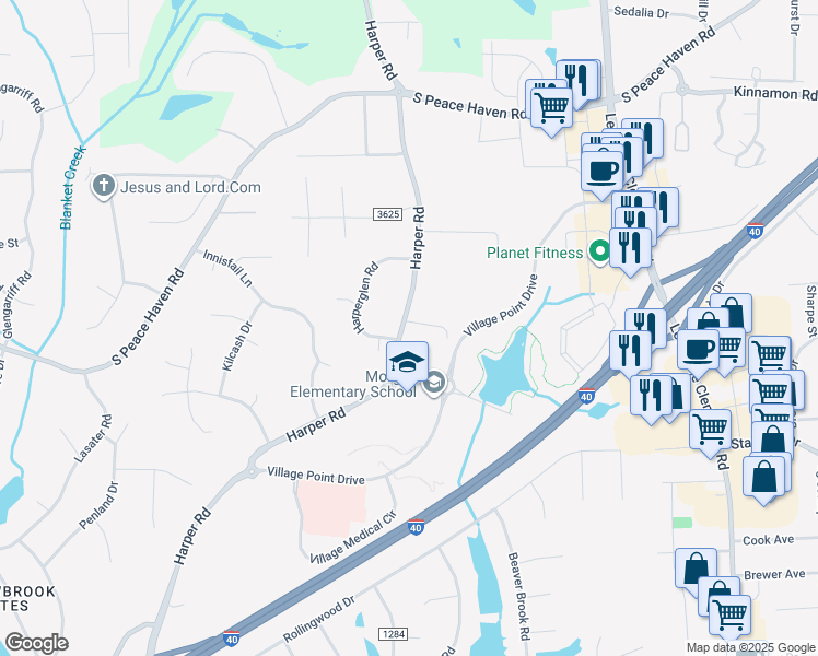 map of restaurants, bars, coffee shops, grocery stores, and more near 3251 Harper Road in Clemmons