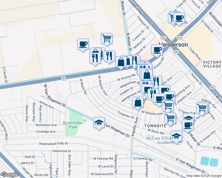 map of restaurants, bars, coffee shops, grocery stores, and more near 138 Magnesium Street in Henderson