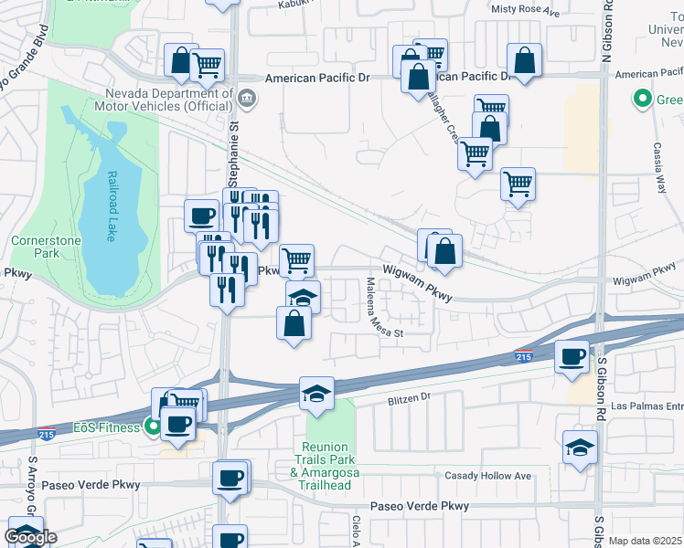 map of restaurants, bars, coffee shops, grocery stores, and more near 91 Wigwam Parkway in Henderson