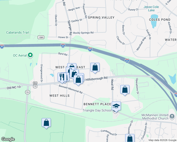 map of restaurants, bars, coffee shops, grocery stores, and more near 4601 Pinedale Drive in Durham