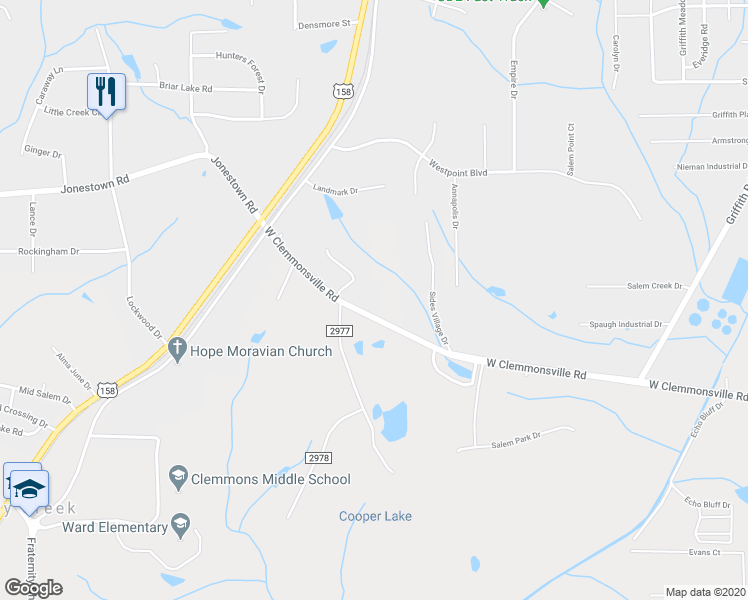 map of restaurants, bars, coffee shops, grocery stores, and more near 2541 West Clemmonsville Road in Winston-Salem