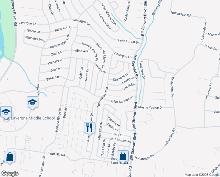 map of restaurants, bars, coffee shops, grocery stores, and more near 951 Tom Hailey Boulevard in La Vergne