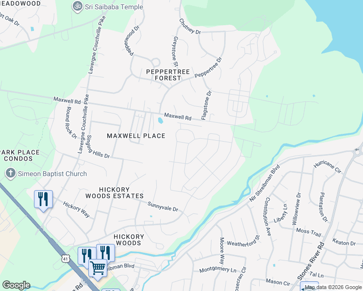 map of restaurants, bars, coffee shops, grocery stores, and more near 4277 Maxwell Road in Nashville