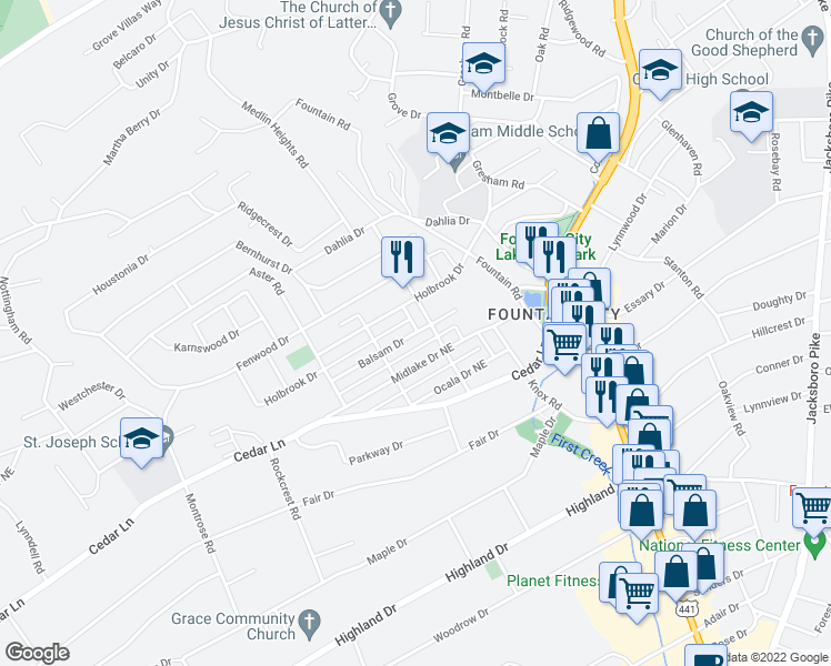 map of restaurants, bars, coffee shops, grocery stores, and more near 502 Balsam Drive in Knoxville