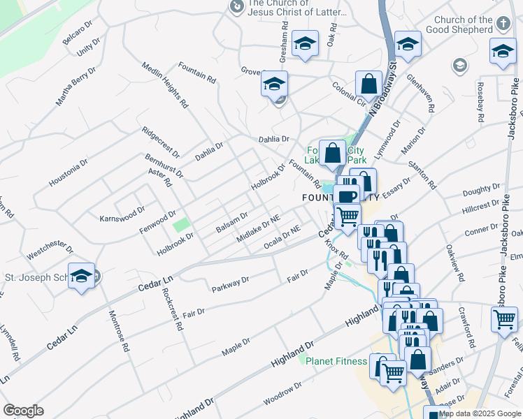 map of restaurants, bars, coffee shops, grocery stores, and more near 502 Balsam Drive in Knoxville