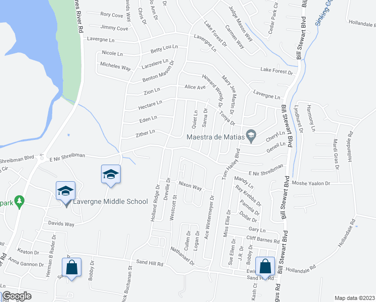 map of restaurants, bars, coffee shops, grocery stores, and more near 1389 East Nir Shreibman Boulevard in La Vergne