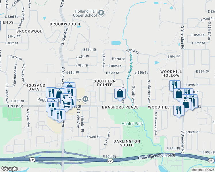map of restaurants, bars, coffee shops, grocery stores, and more near 8926 South Erie Avenue in Tulsa