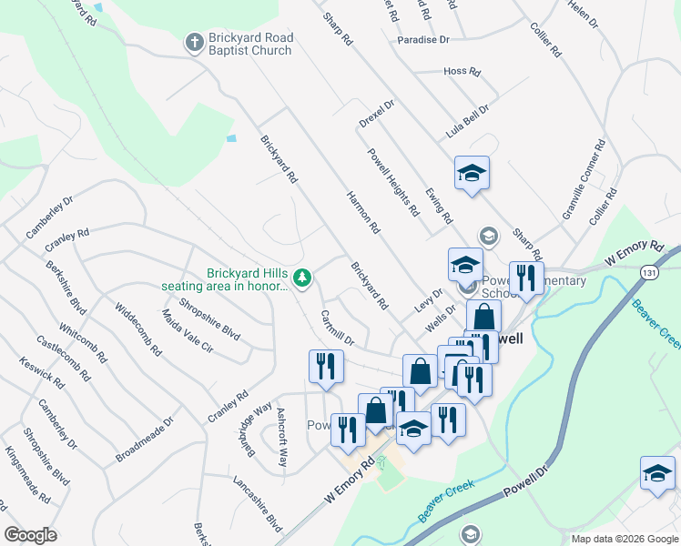 map of restaurants, bars, coffee shops, grocery stores, and more near 2040 Gatehouse Lane in Powell