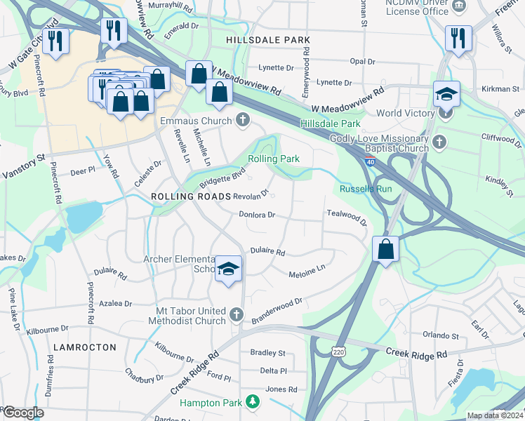 map of restaurants, bars, coffee shops, grocery stores, and more near 2515 Donlora Drive in Greensboro