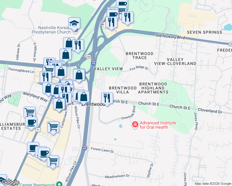 map of restaurants, bars, coffee shops, grocery stores, and more near 626 Church Street East in Brentwood