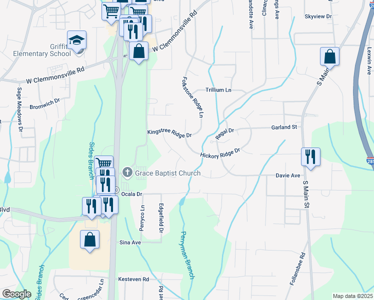 map of restaurants, bars, coffee shops, grocery stores, and more near 3140 Hickory Ridge Drive in Winston-Salem