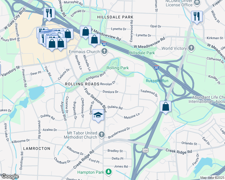 map of restaurants, bars, coffee shops, grocery stores, and more near 2515 Donlora Drive in Greensboro