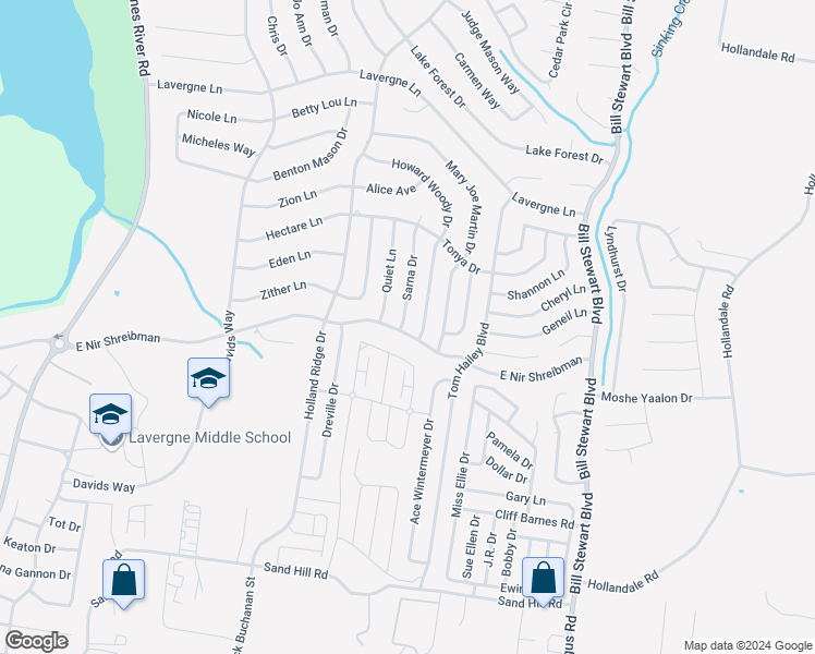 map of restaurants, bars, coffee shops, grocery stores, and more near 300 Sarna Drive in La Vergne