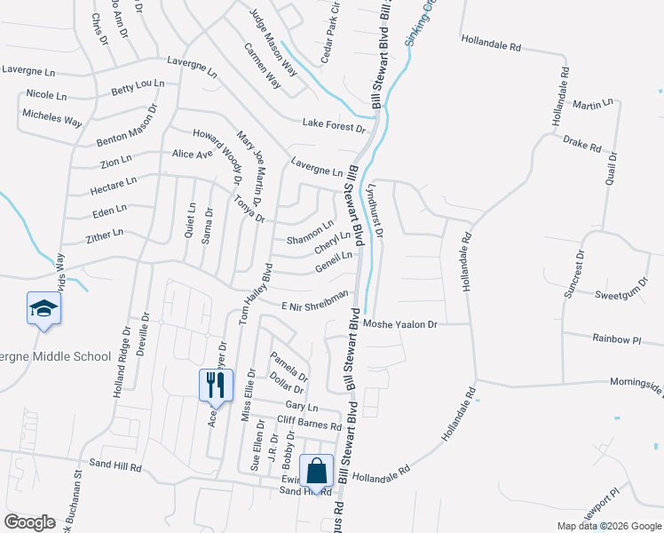 map of restaurants, bars, coffee shops, grocery stores, and more near 1113 Geneil Lane in La Vergne