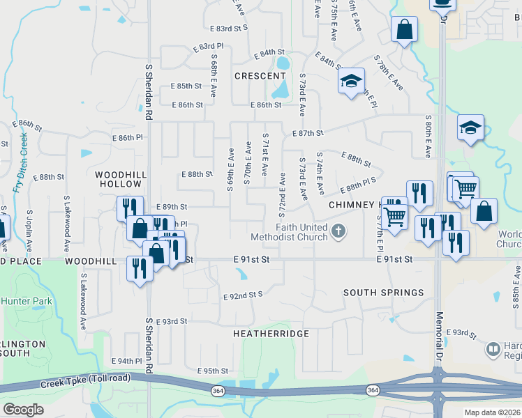 map of restaurants, bars, coffee shops, grocery stores, and more near 7006 East 89th Street in Tulsa