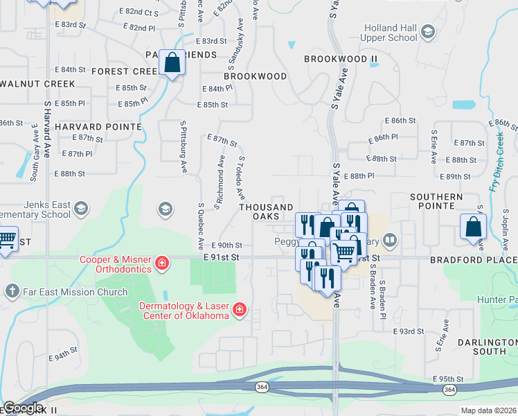 map of restaurants, bars, coffee shops, grocery stores, and more near 8810 South Urbana Avenue in Tulsa