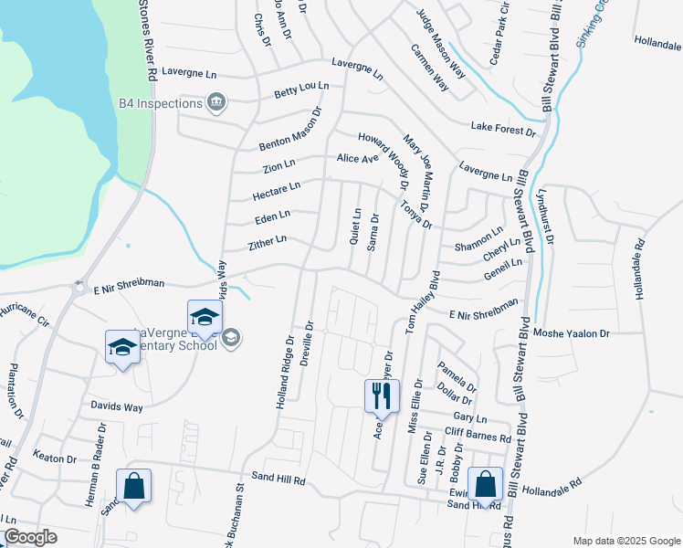 map of restaurants, bars, coffee shops, grocery stores, and more near 1391 East Nir Shreibman Boulevard in La Vergne