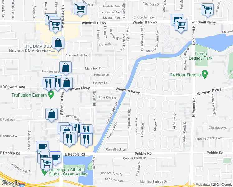 map of restaurants, bars, coffee shops, grocery stores, and more near 2808 Crystal Lantern Drive in Henderson