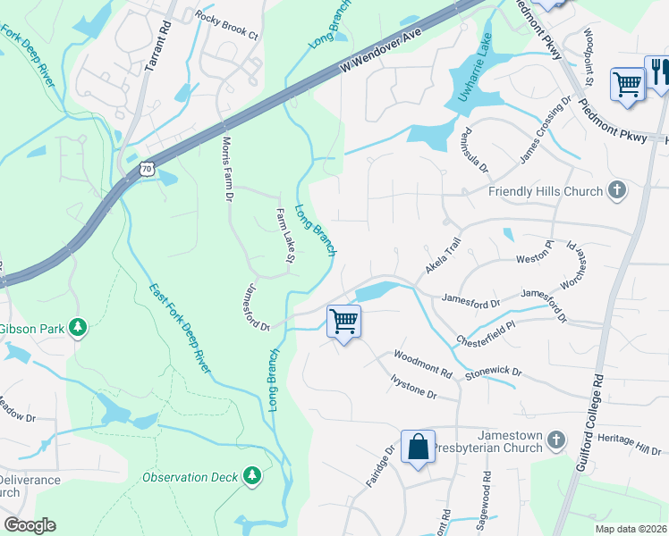 map of restaurants, bars, coffee shops, grocery stores, and more near 2907 Hackney Way in Jamestown