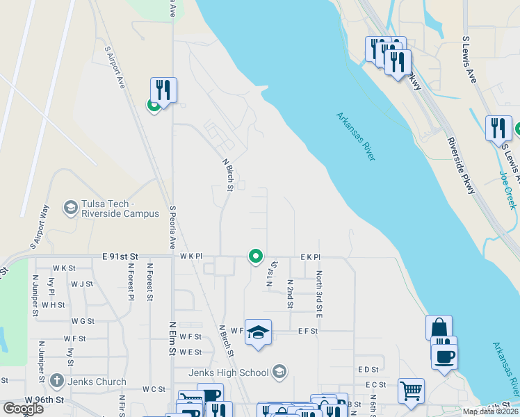 map of restaurants, bars, coffee shops, grocery stores, and more near 1507 North 1st Street in Jenks