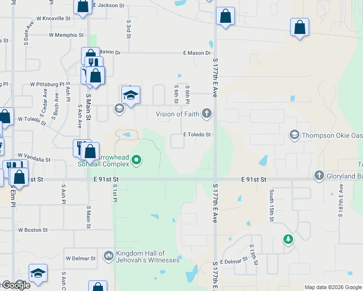 map of restaurants, bars, coffee shops, grocery stores, and more near 606 East Toledo Place in Broken Arrow