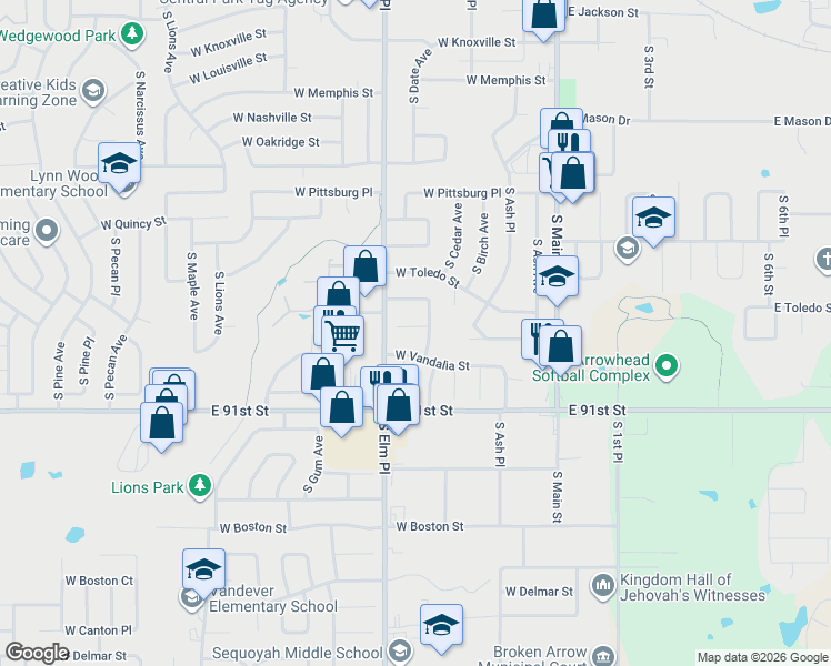map of restaurants, bars, coffee shops, grocery stores, and more near 507 West Urbana Street in Broken Arrow