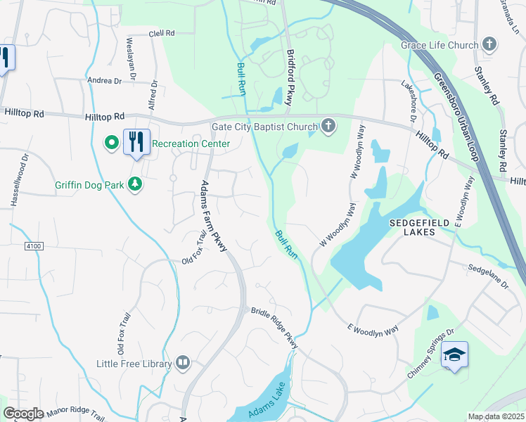 map of restaurants, bars, coffee shops, grocery stores, and more near 1509 Groveland Trail in Greensboro