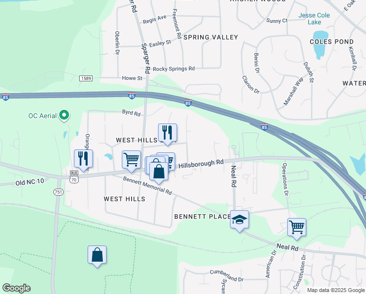 map of restaurants, bars, coffee shops, grocery stores, and more near 4601 Pinedale Drive in Durham