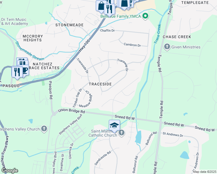 map of restaurants, bars, coffee shops, grocery stores, and more near 5152 Traceway Drive in Nashville