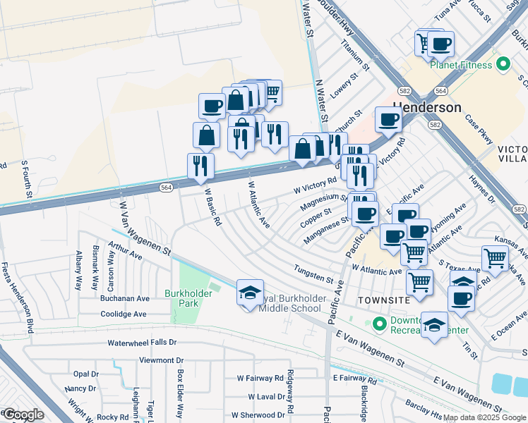 map of restaurants, bars, coffee shops, grocery stores, and more near 322 W Atlantic Ave in Henderson