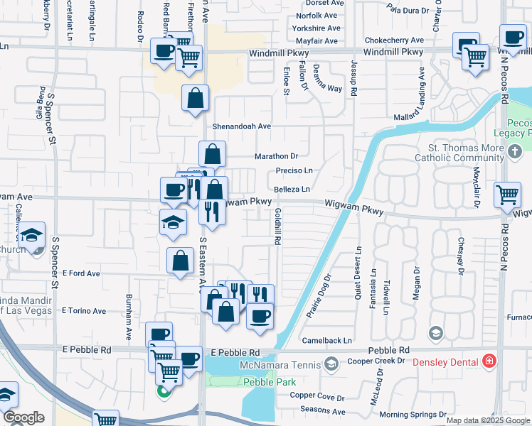 map of restaurants, bars, coffee shops, grocery stores, and more near 2925 Wigwam Parkway in Henderson