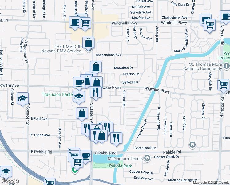 map of restaurants, bars, coffee shops, grocery stores, and more near 2925 Wigwam Parkway in Henderson