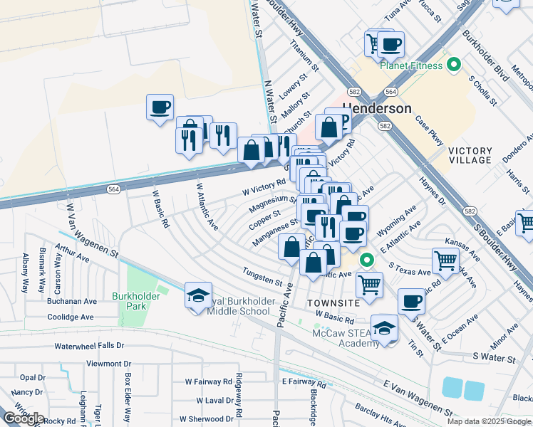 map of restaurants, bars, coffee shops, grocery stores, and more near 126 Copper Street in Henderson