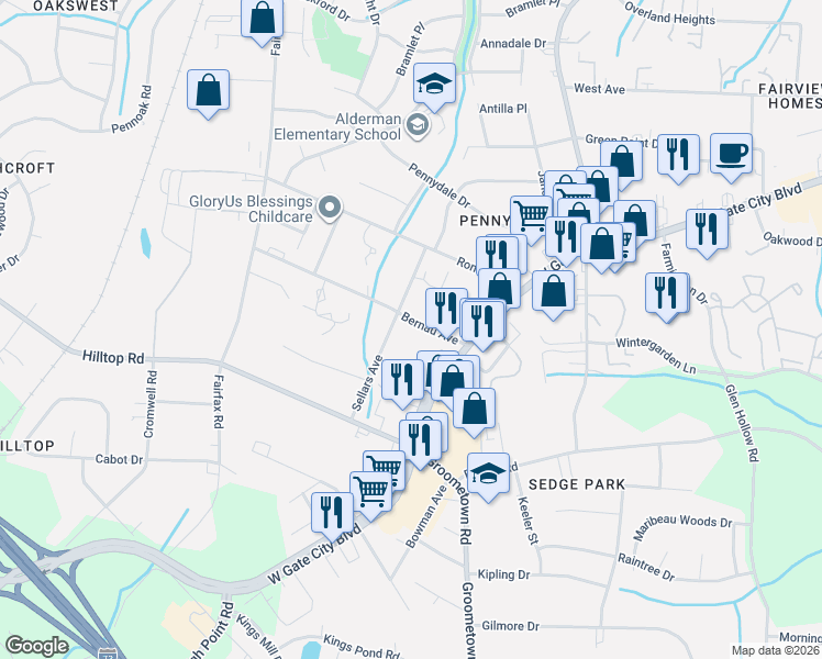 map of restaurants, bars, coffee shops, grocery stores, and more near 4503 Sellars Avenue in Greensboro