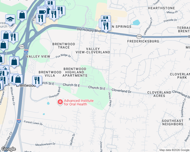 map of restaurants, bars, coffee shops, grocery stores, and more near 5671 Valley View Road in Brentwood