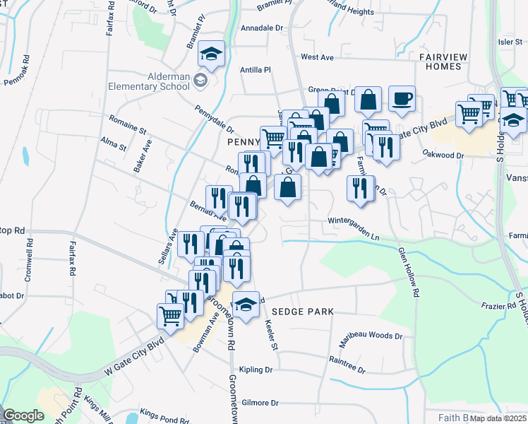 map of restaurants, bars, coffee shops, grocery stores, and more near 4010 Marchester Way in Greensboro