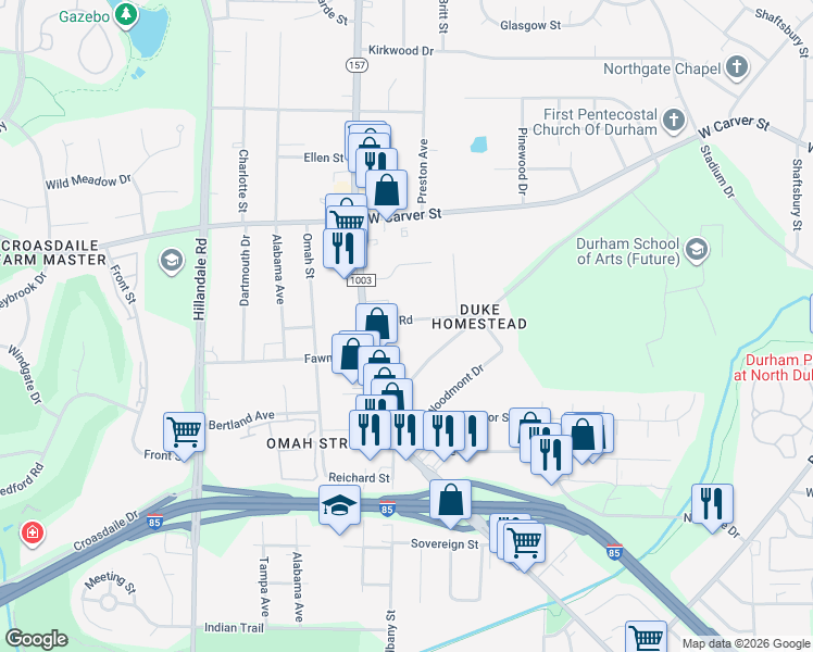 map of restaurants, bars, coffee shops, grocery stores, and more near 2629 Kirk Road in Durham