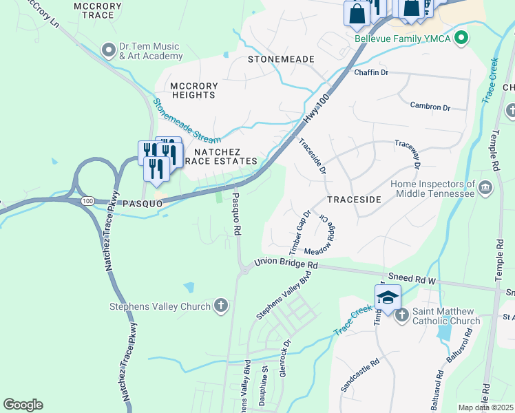 map of restaurants, bars, coffee shops, grocery stores, and more near 8353 Tennessee 100 in Nashville