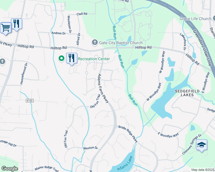 map of restaurants, bars, coffee shops, grocery stores, and more near 6 Compton Court in Greensboro