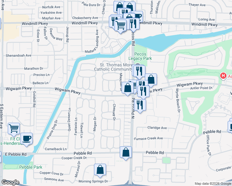 map of restaurants, bars, coffee shops, grocery stores, and more near 100 Montclair Dr in Henderson