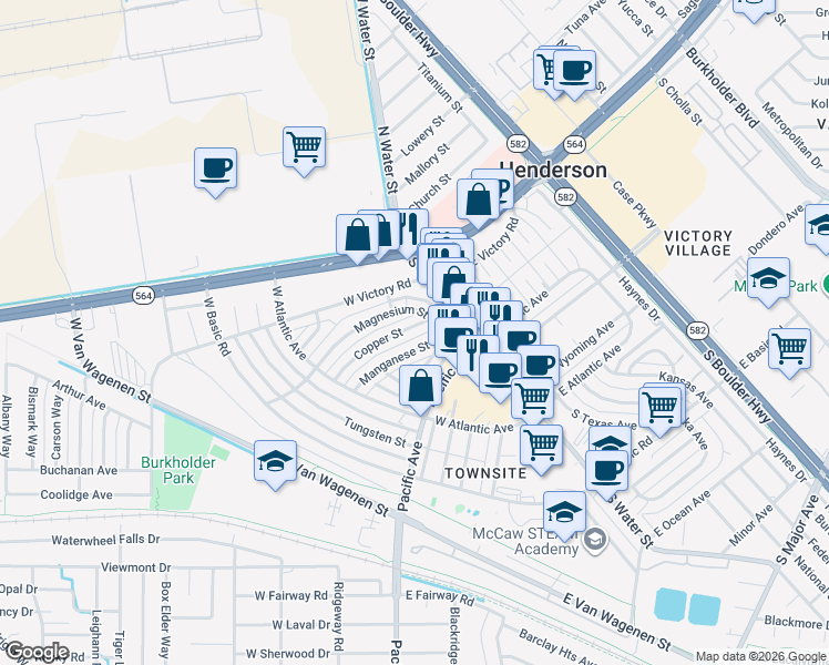 map of restaurants, bars, coffee shops, grocery stores, and more near 111 Copper Street in Henderson