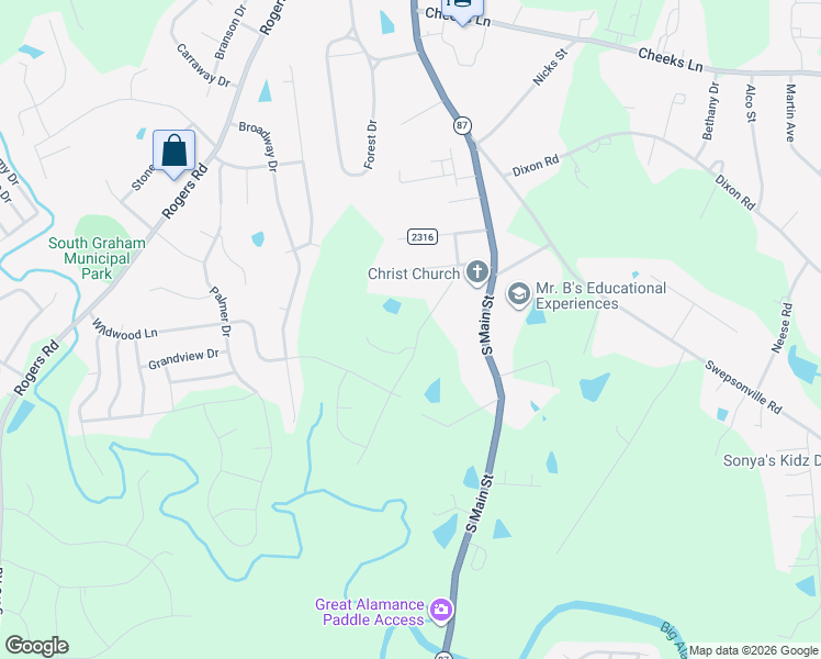 map of restaurants, bars, coffee shops, grocery stores, and more near 1710 Parham Drive in Graham