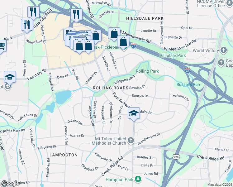map of restaurants, bars, coffee shops, grocery stores, and more near 2408 Donlora Drive in Greensboro