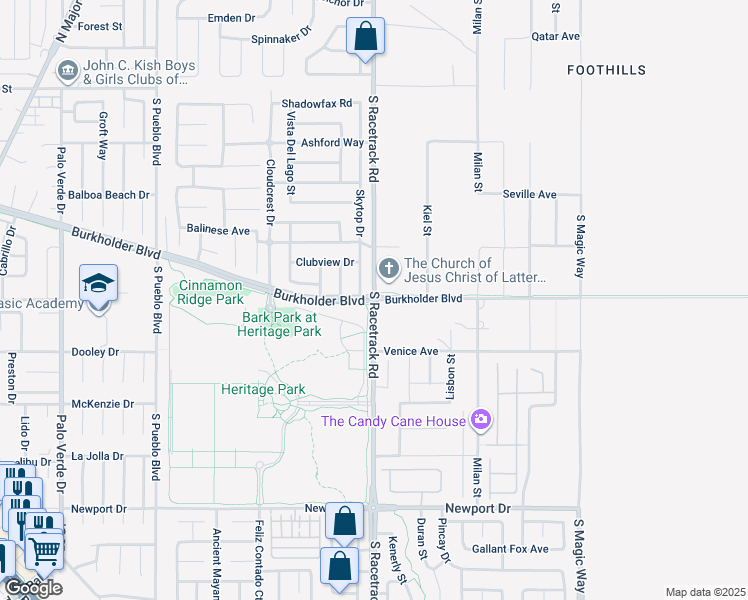 map of restaurants, bars, coffee shops, grocery stores, and more near S Racetrack Rd & Burkholder Blvd in Henderson